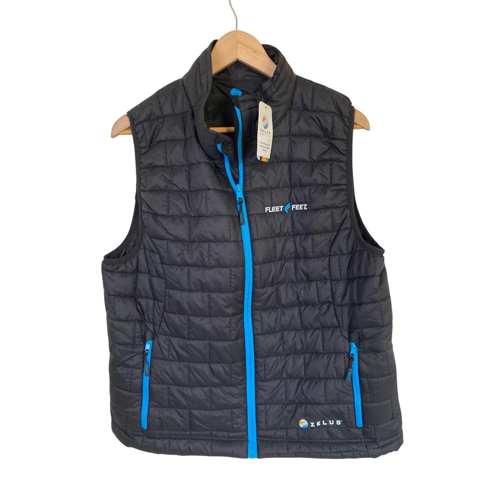 Zelus Rainier Puffy Vest Womens XL Black Aqua Fleet Feet Quilted Full Zip New